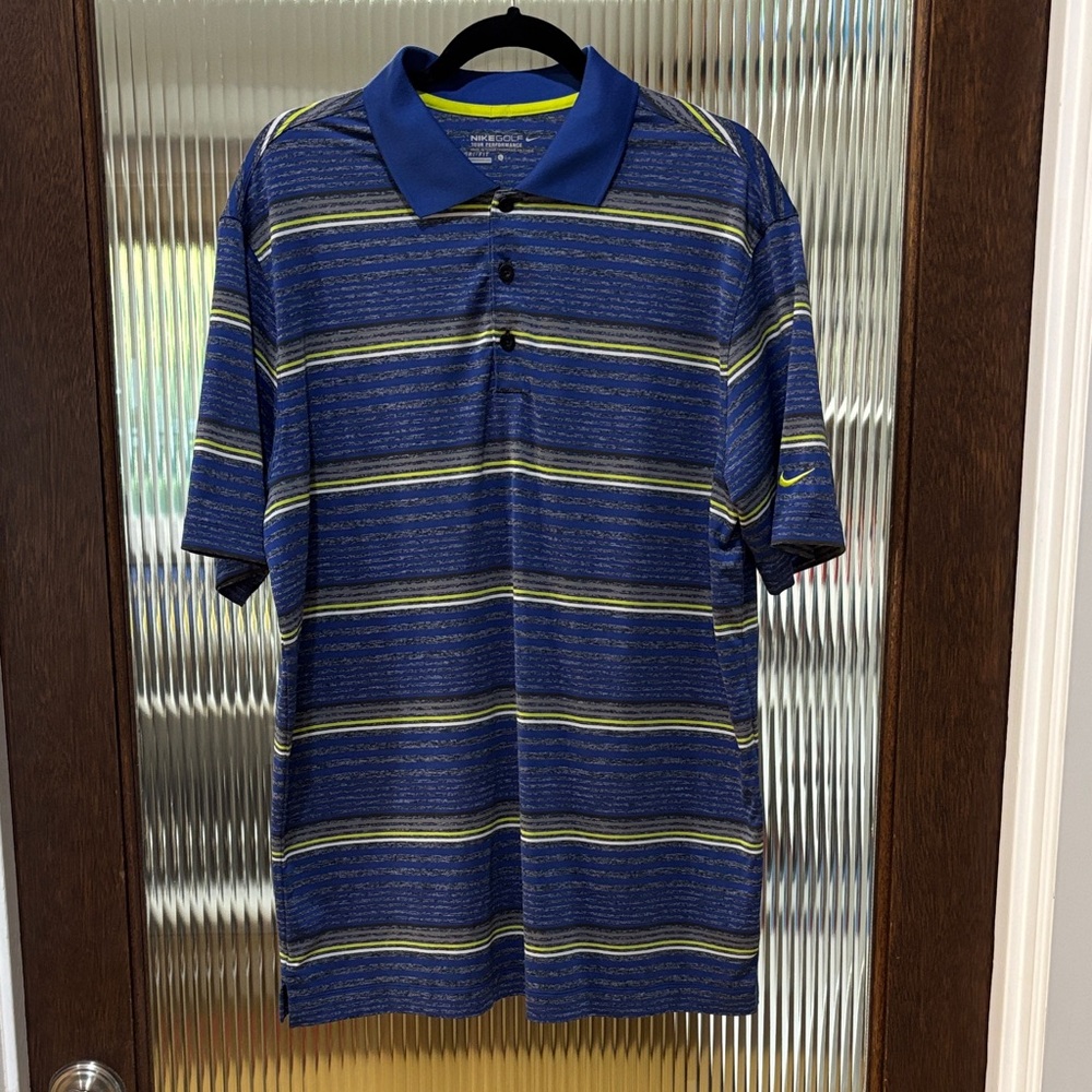 Nike Men's Navy and Yellow Striped Polo Shirt